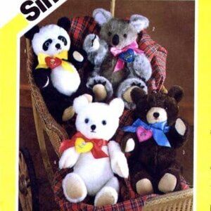 Vintage Simplicity Pattern 6142 Stuffed Plush Bears Teddy Koala Polar Panda